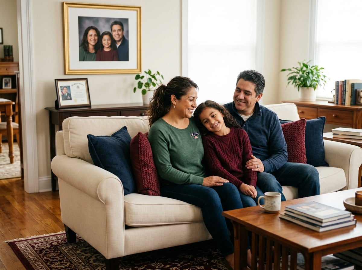 Woman veteran at home with her family