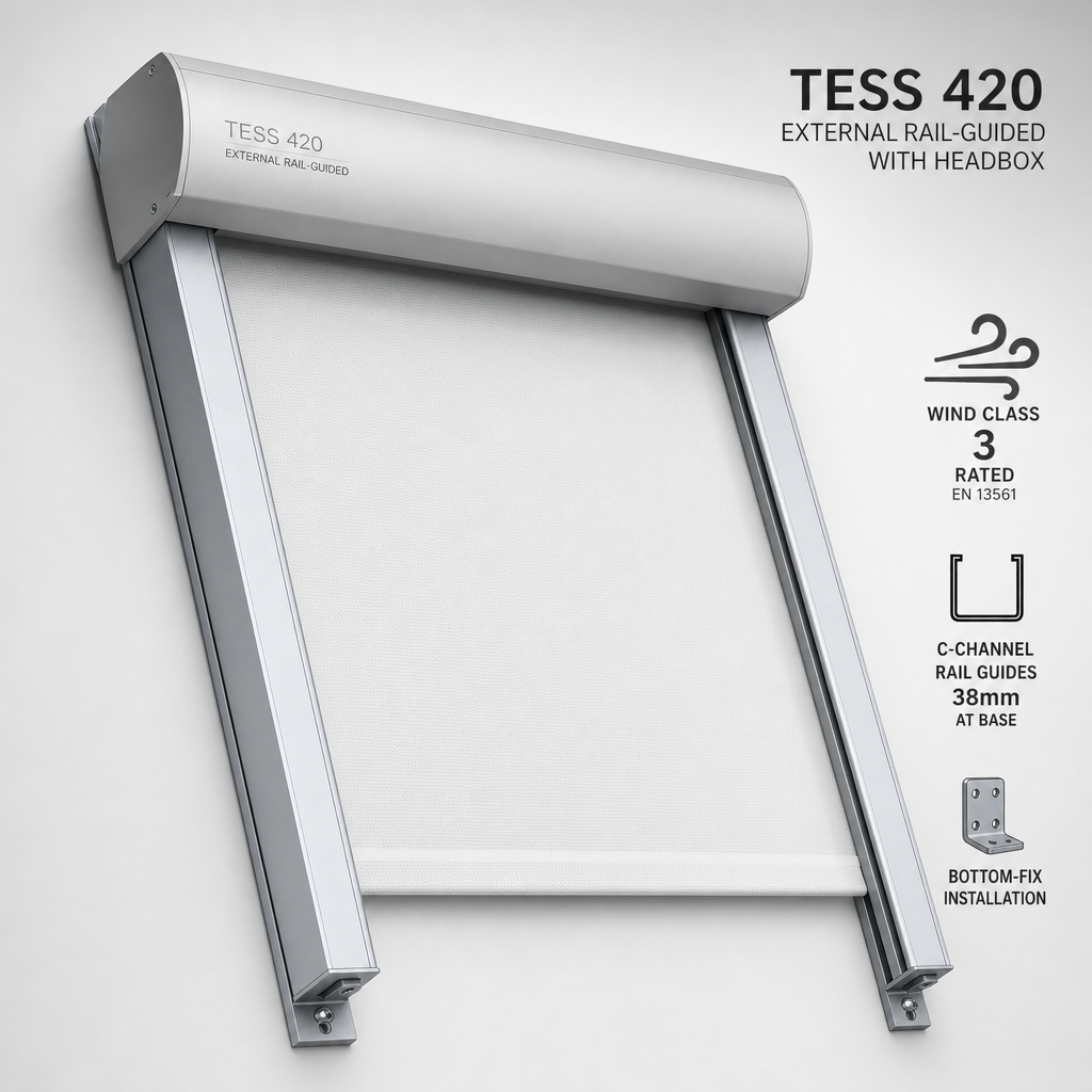 Roller & Tensioned Shades — Guthrie Douglas TESS 420 External Rail-Guided Roller Shade — distributed by Blind Solutions®