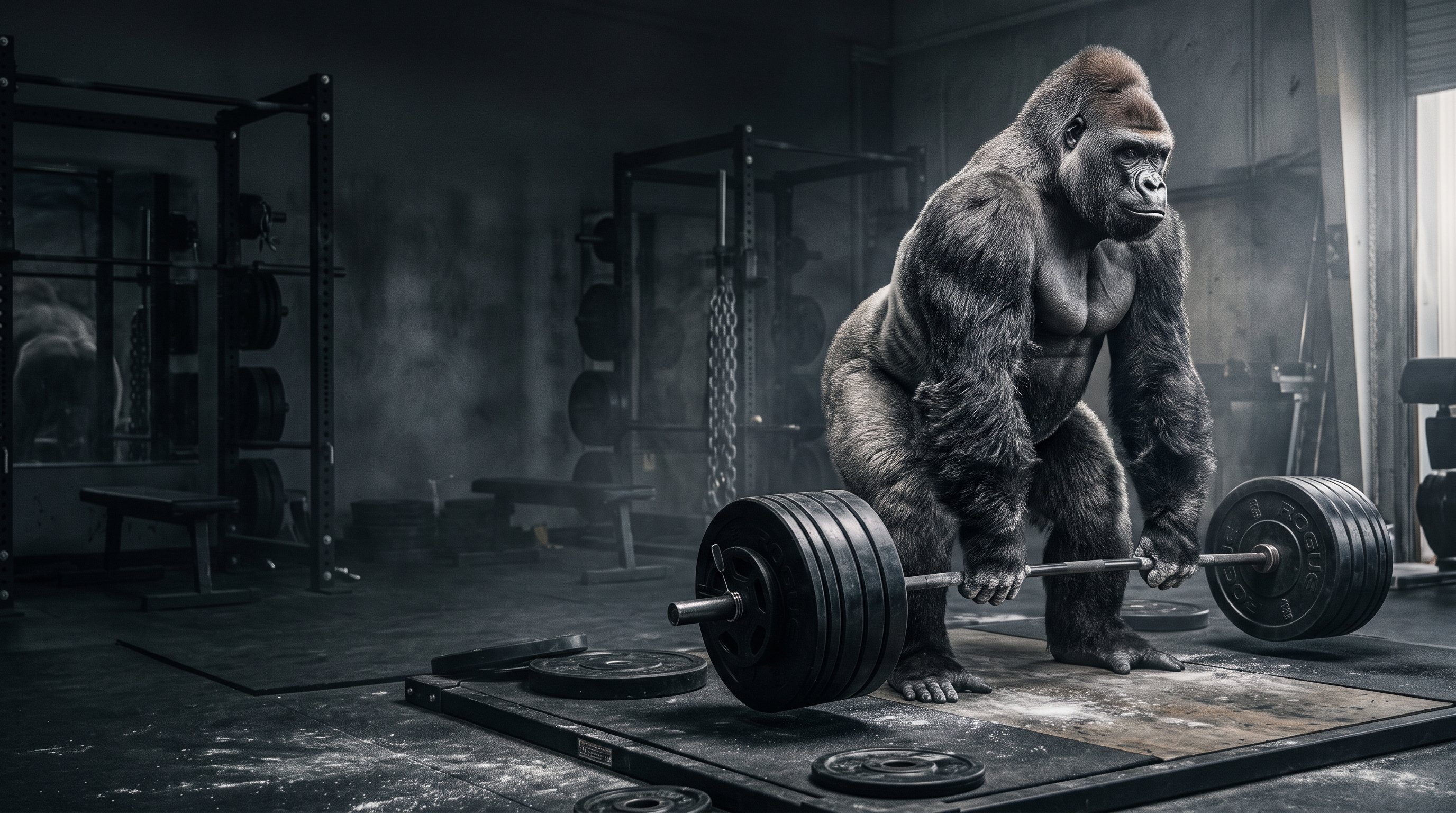 Powerful silverback gorilla deadlifting a heavily loaded barbell in a dramatic, moody gym
