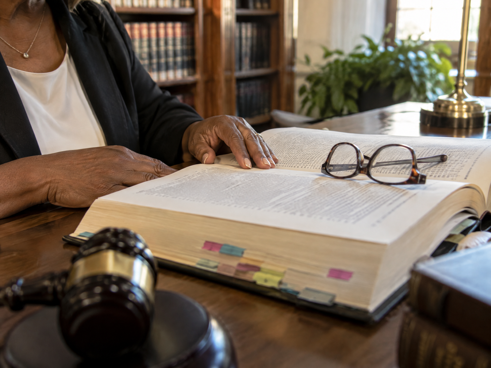 Open law book with tabbed pages and reading glasses on a desk