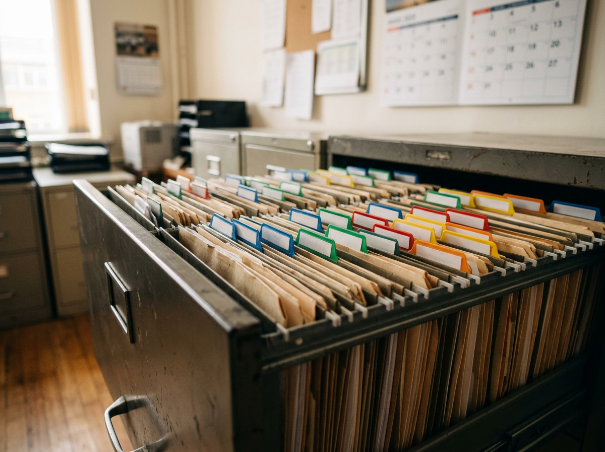 Open filing cabinet drawer of veteran claim files