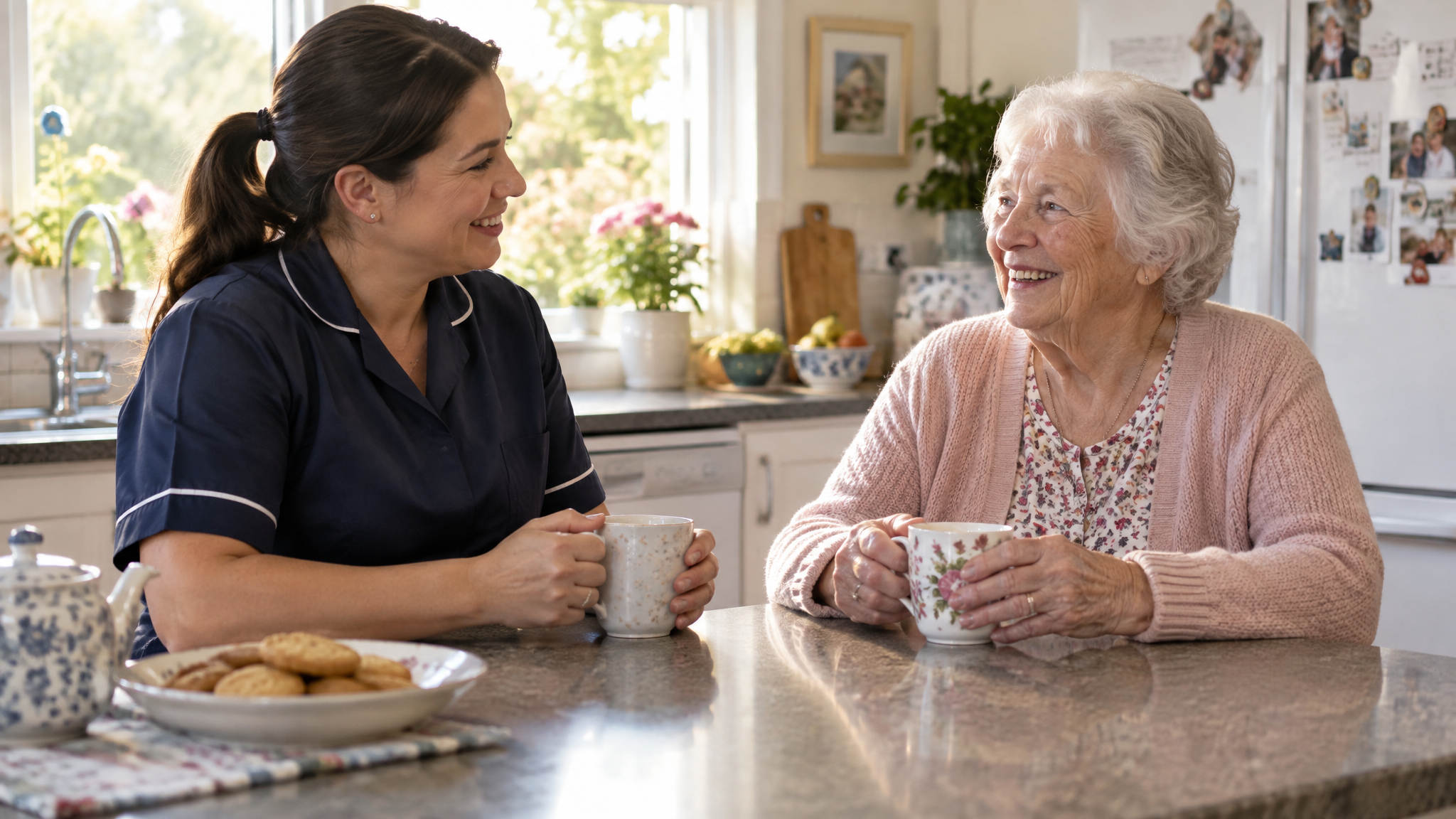 Home care worker visiting an older client at their kitchen table