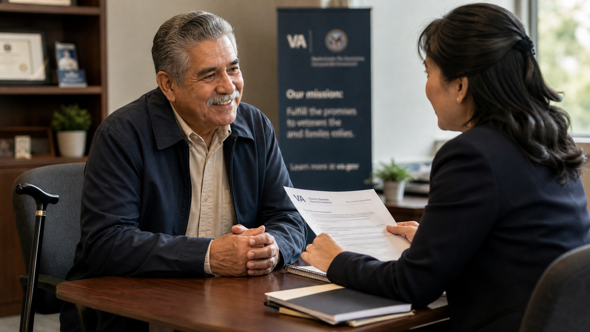An older veteran with a service-connected disability meeting an advisor about guaranteed life insurance