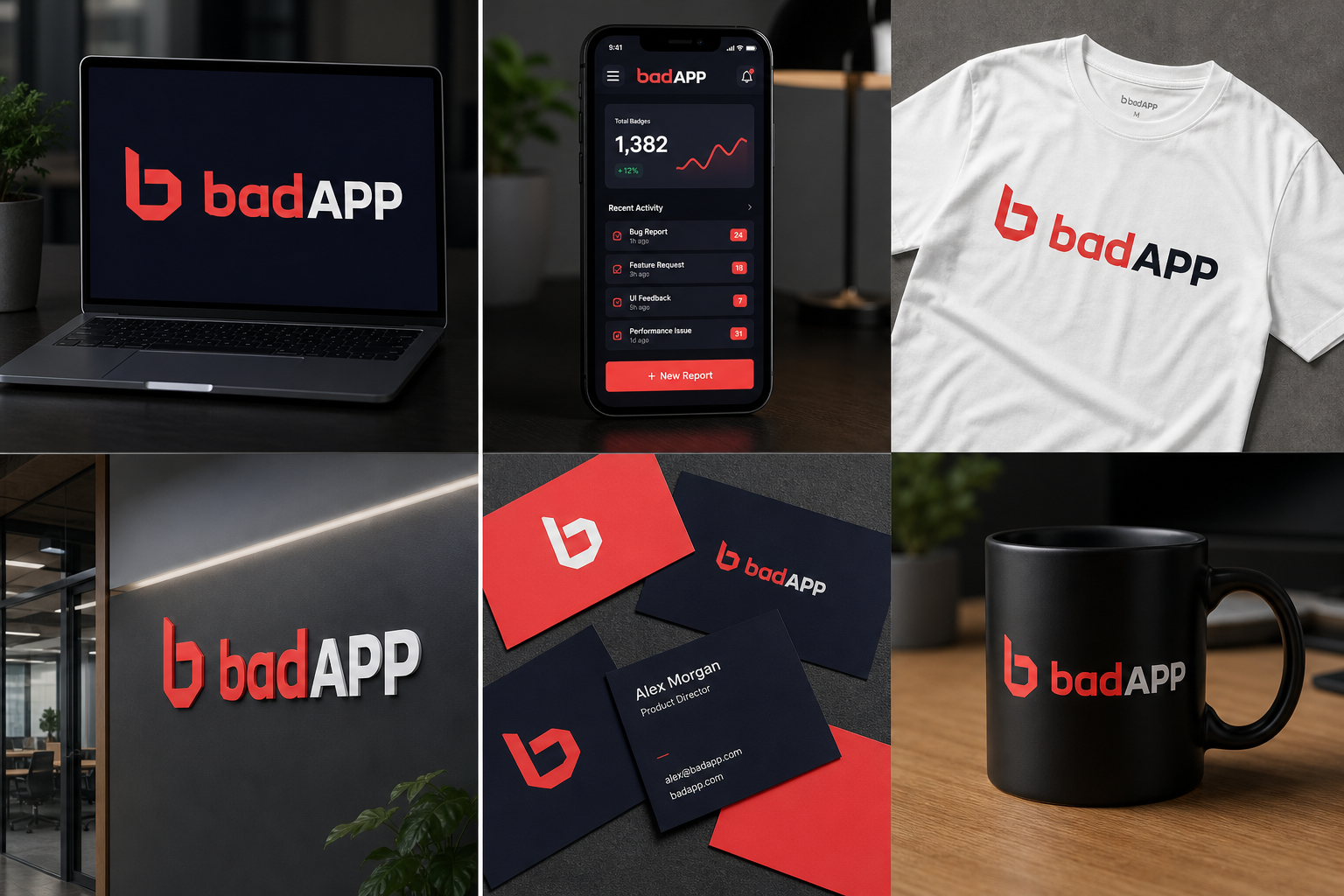 badAPP brand mockups showing laptop, phone, t-shirt, and signage applications