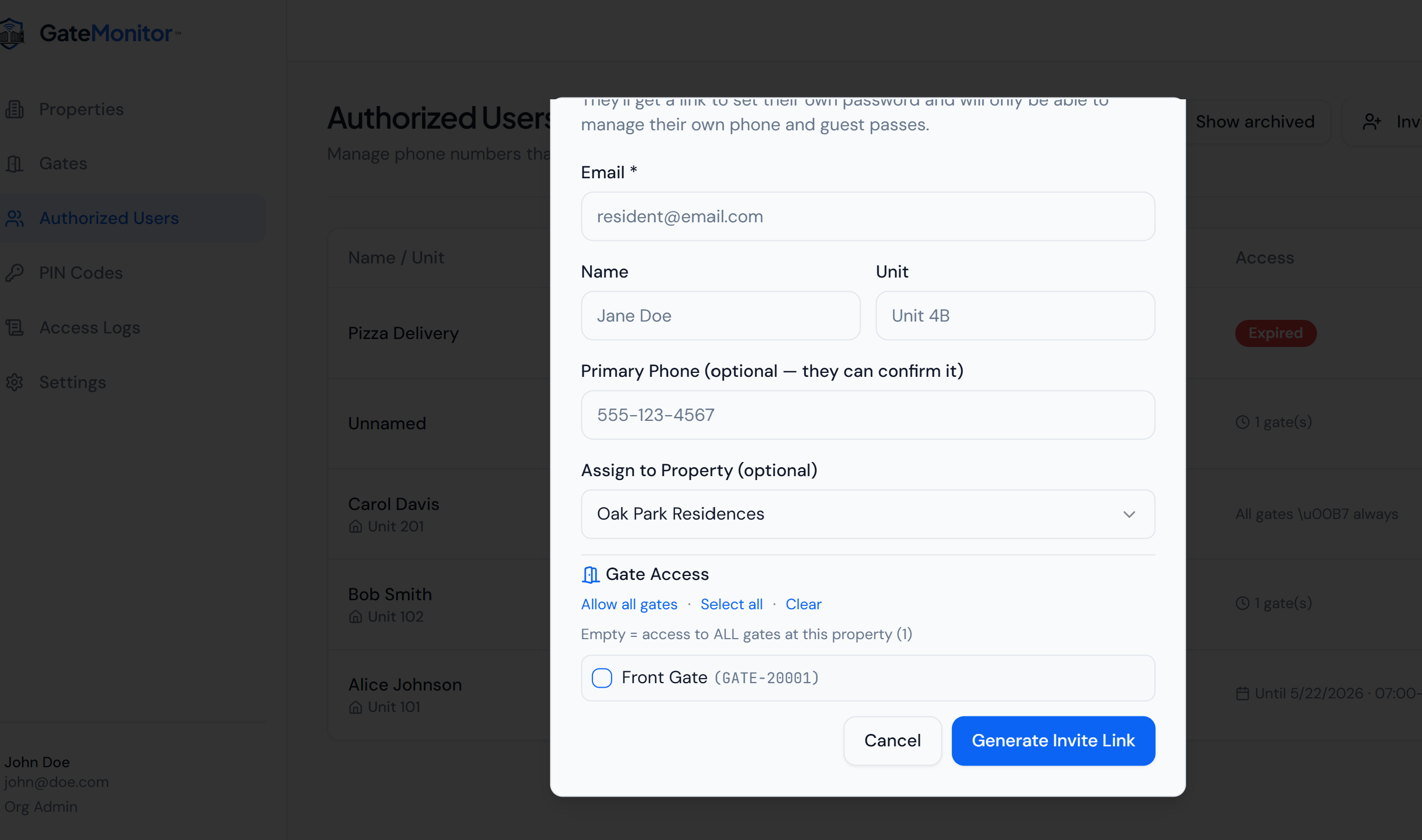 Invite a Resident modal with fields for email, phone, unit number, and role