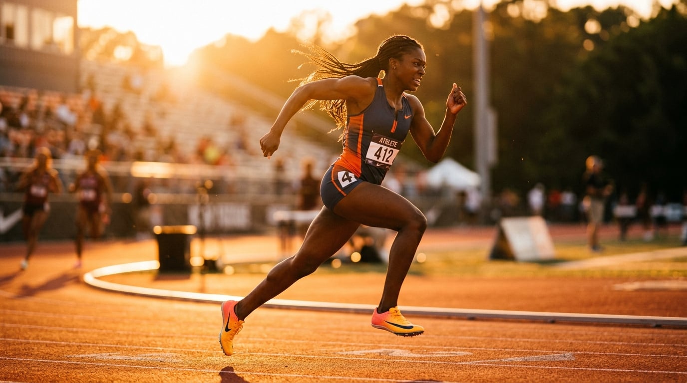 Athletic runner mid-stride on track