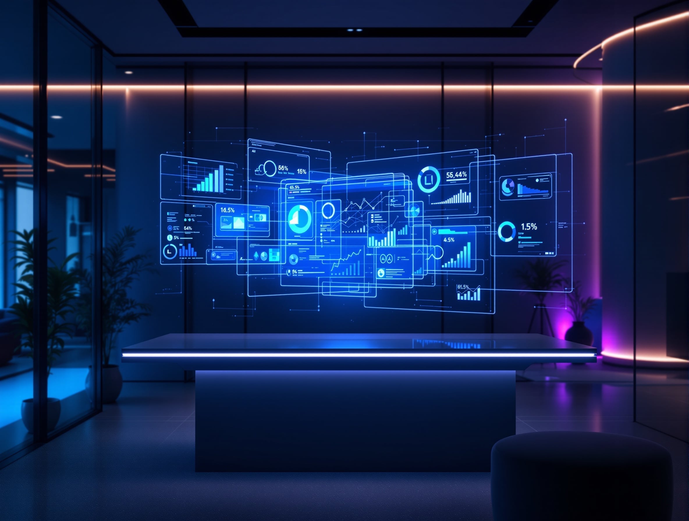 Modern AI-powered professional workspace with futuristic technology displays