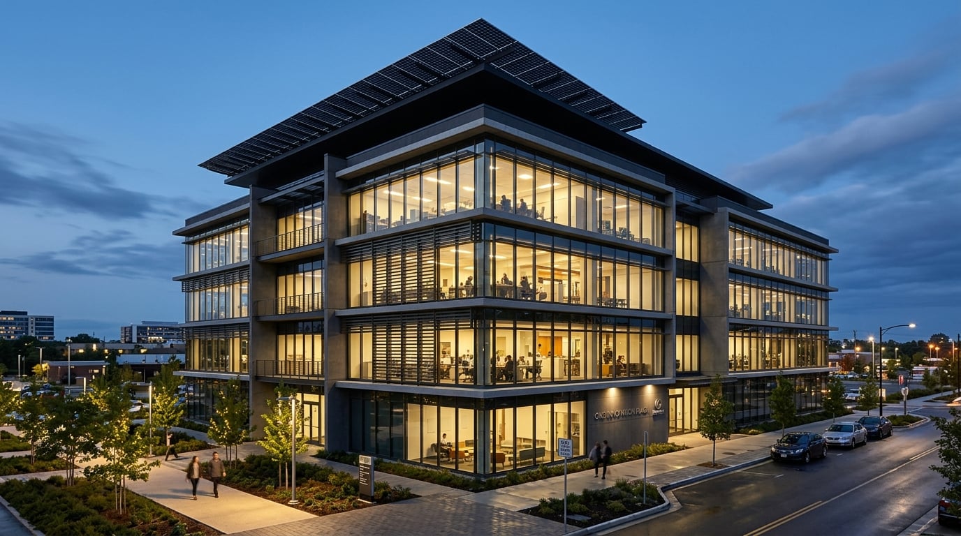 Modern kantoorgebouw met zonnepanelen en energie-infrastructuur