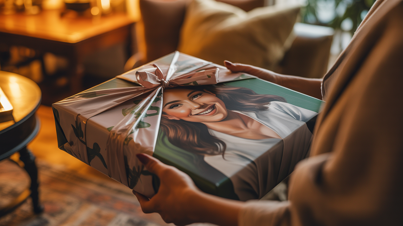 Custom portrait painting gift wrapped elegantly for a birthday celebration