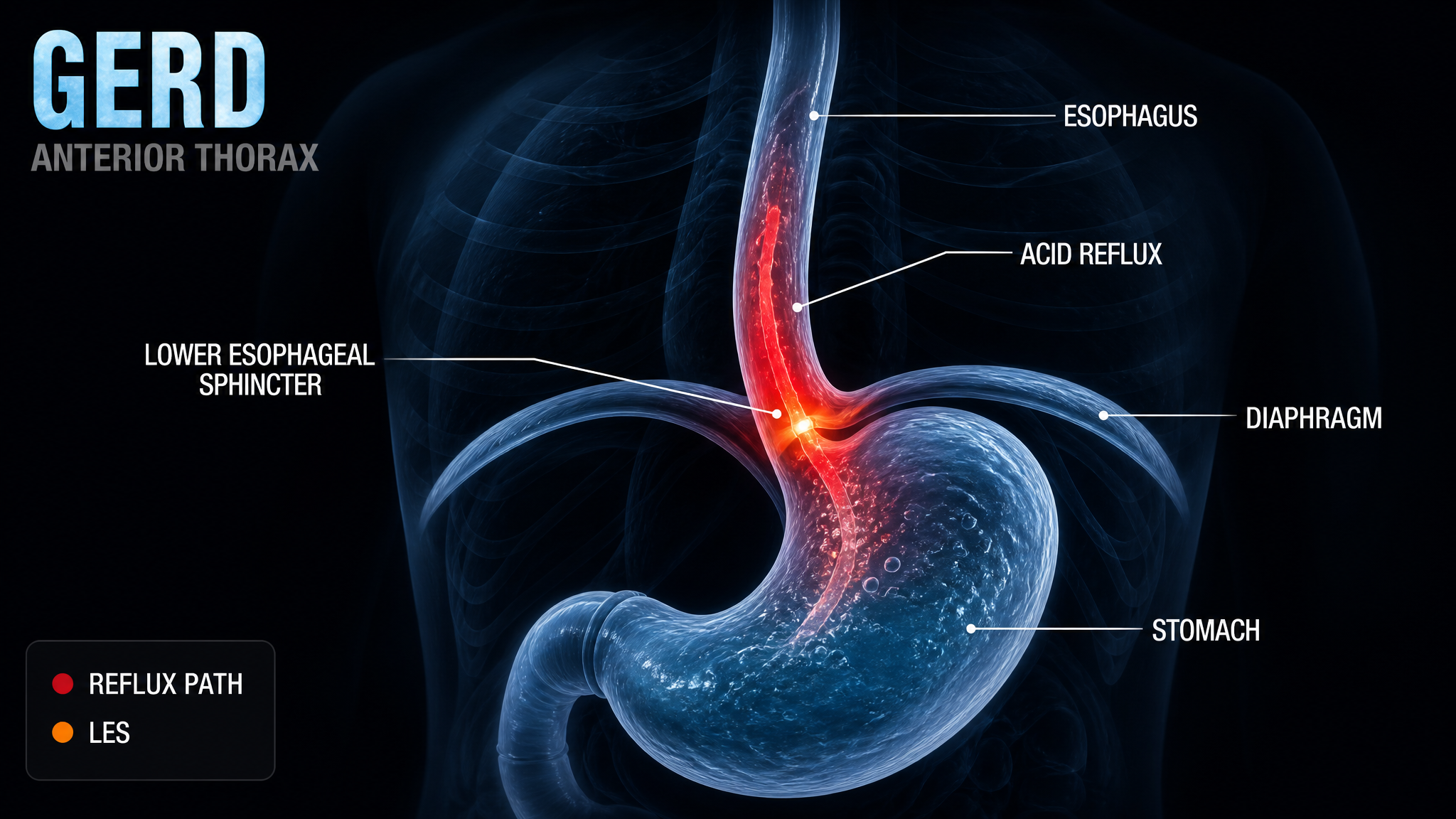 Anatomical diagram of GERD showing acid reflux at the lower esophageal sphincter