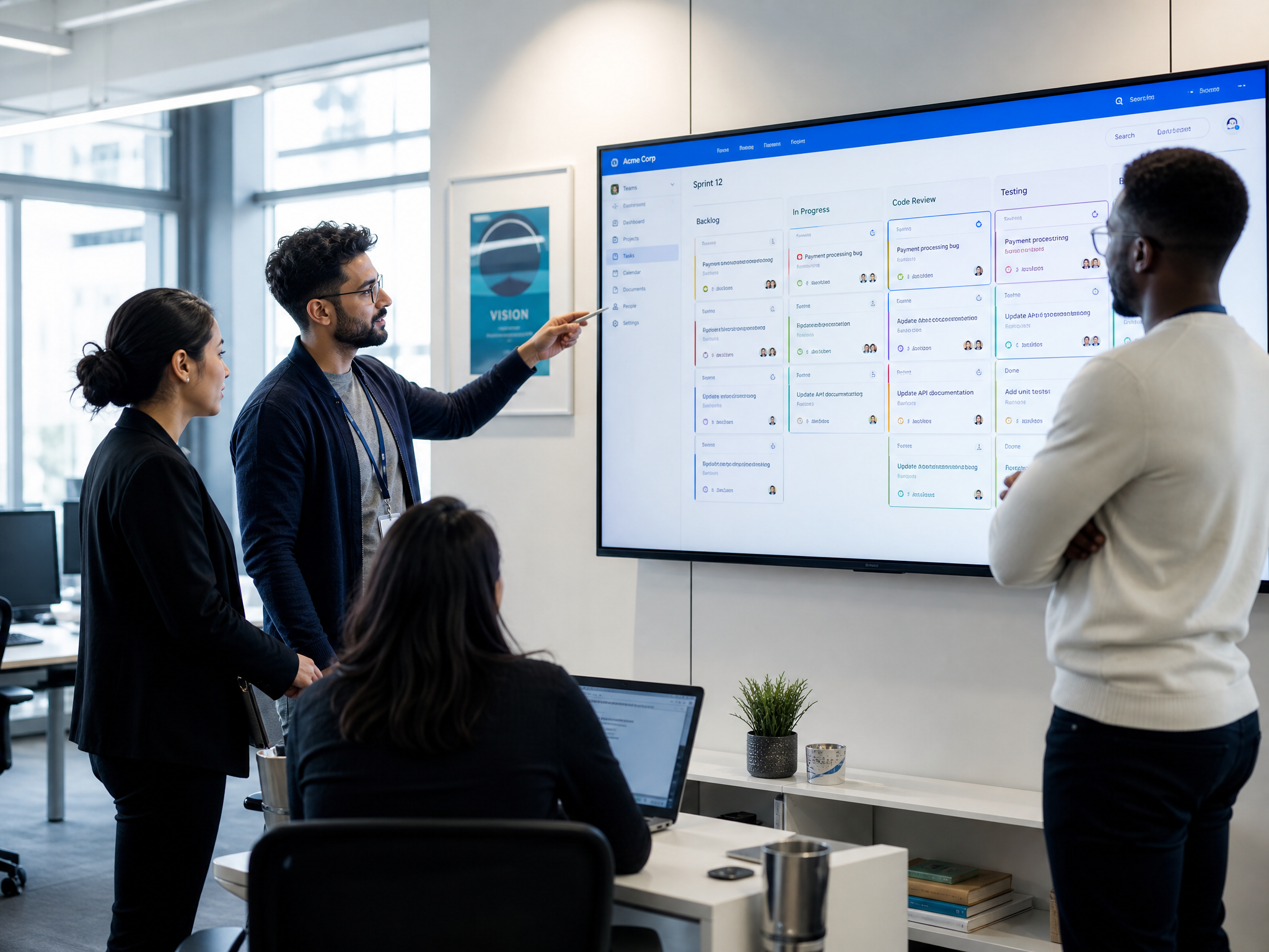 Equipo de desarrollo revisando el tablero de seguimiento de una plataforma