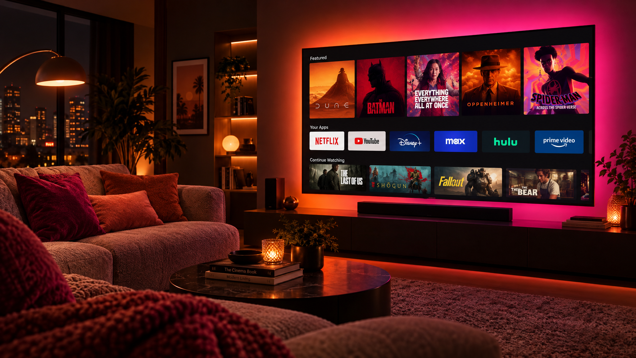 Sala moderna com TV exibindo interface de streaming IPTV com mosaico de conteúdos