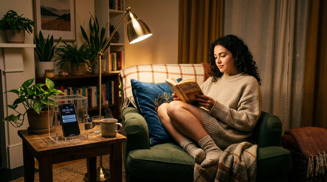 Pessoa praticando detox digital, celular trancado em caixa enquanto lê livro físico em ambiente acolhedor