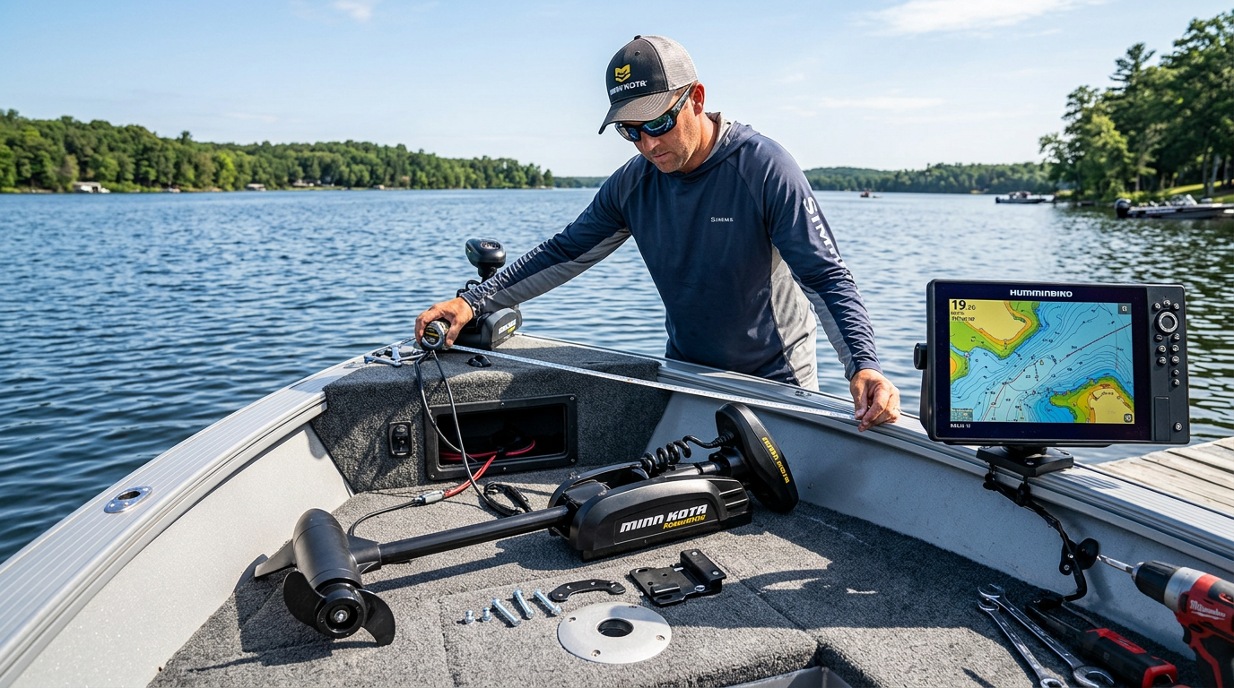 Angler installing a Minn Kota PowerDrive bow-mount trolling motor while measuring bow height and checking GPS display
