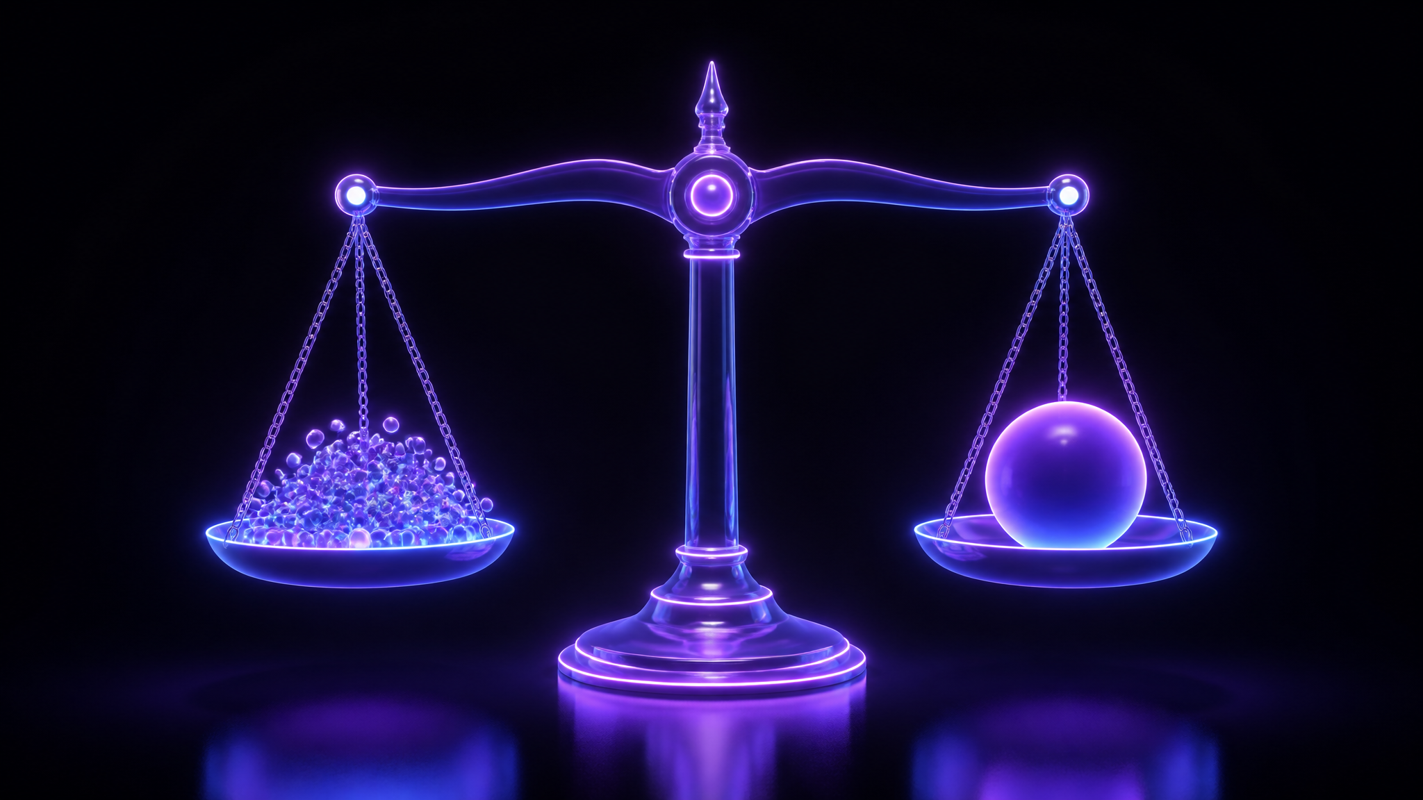 A glowing balance scale weighing a dense cluster of many small nodes against one single large solid glowing sphere