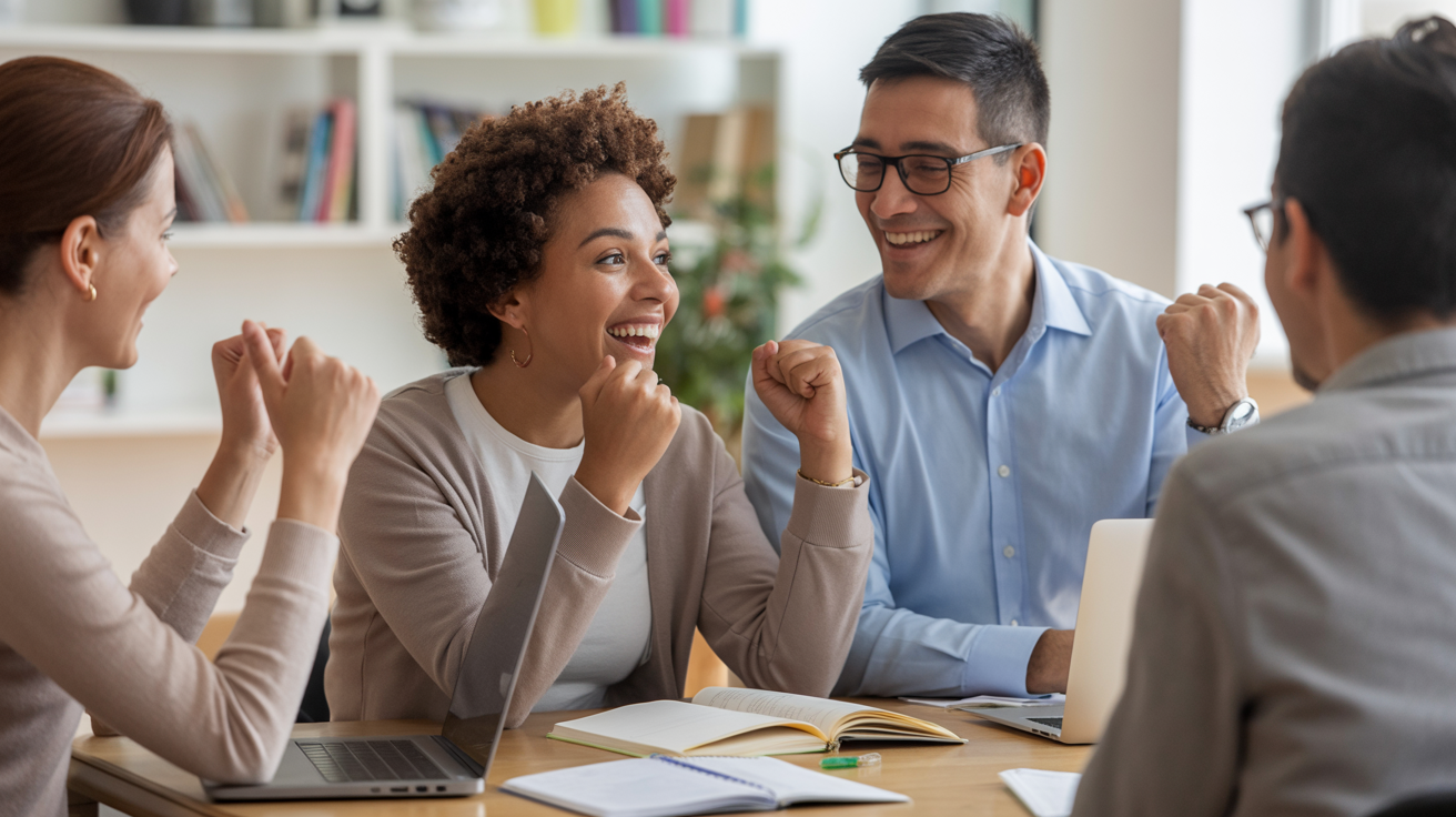 Adult learner celebrating academic breakthrough with tutor