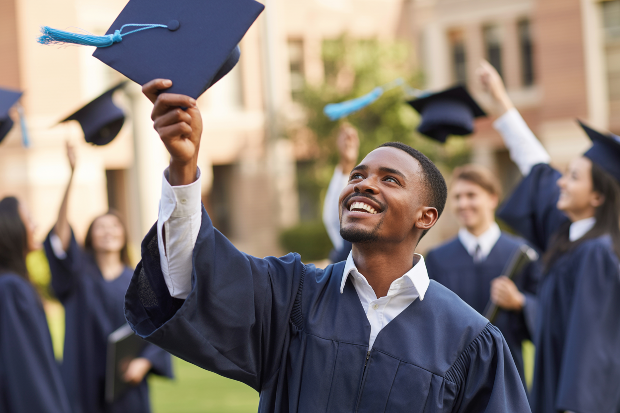 African graduate celebrating university graduation ceremony