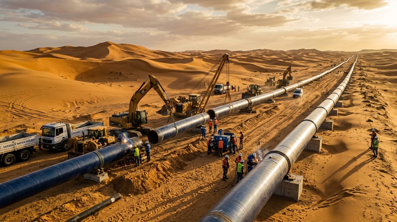 Massive water pipeline infrastructure being laid across the Sahara desert