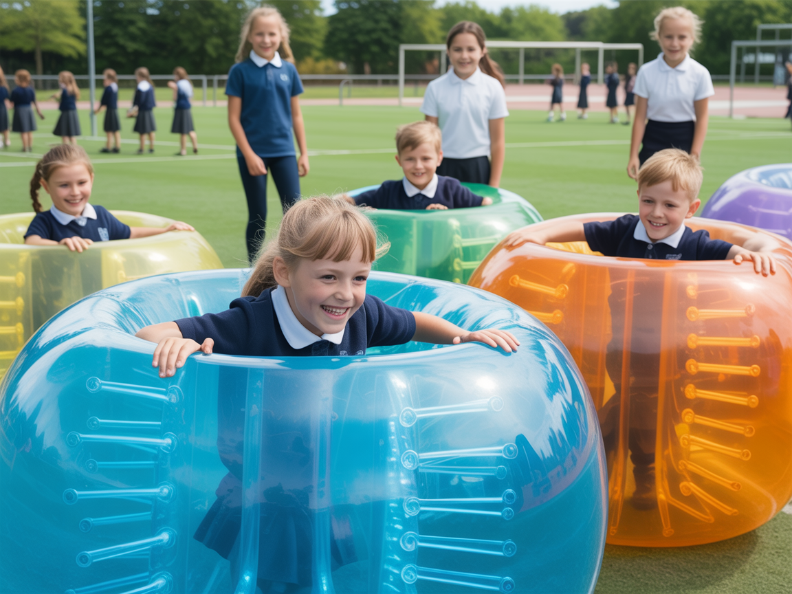 School children enjoying zorbing activity on school sports field