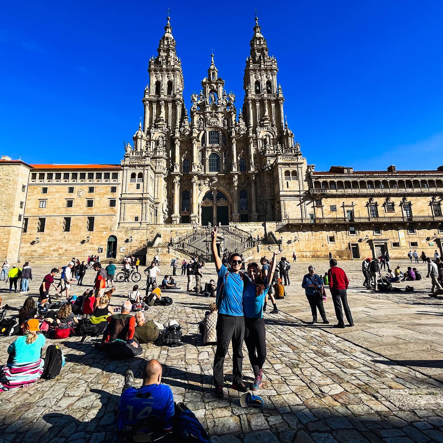Xavi and his wife celebrating the completion of the Camino de Santiago in Spain