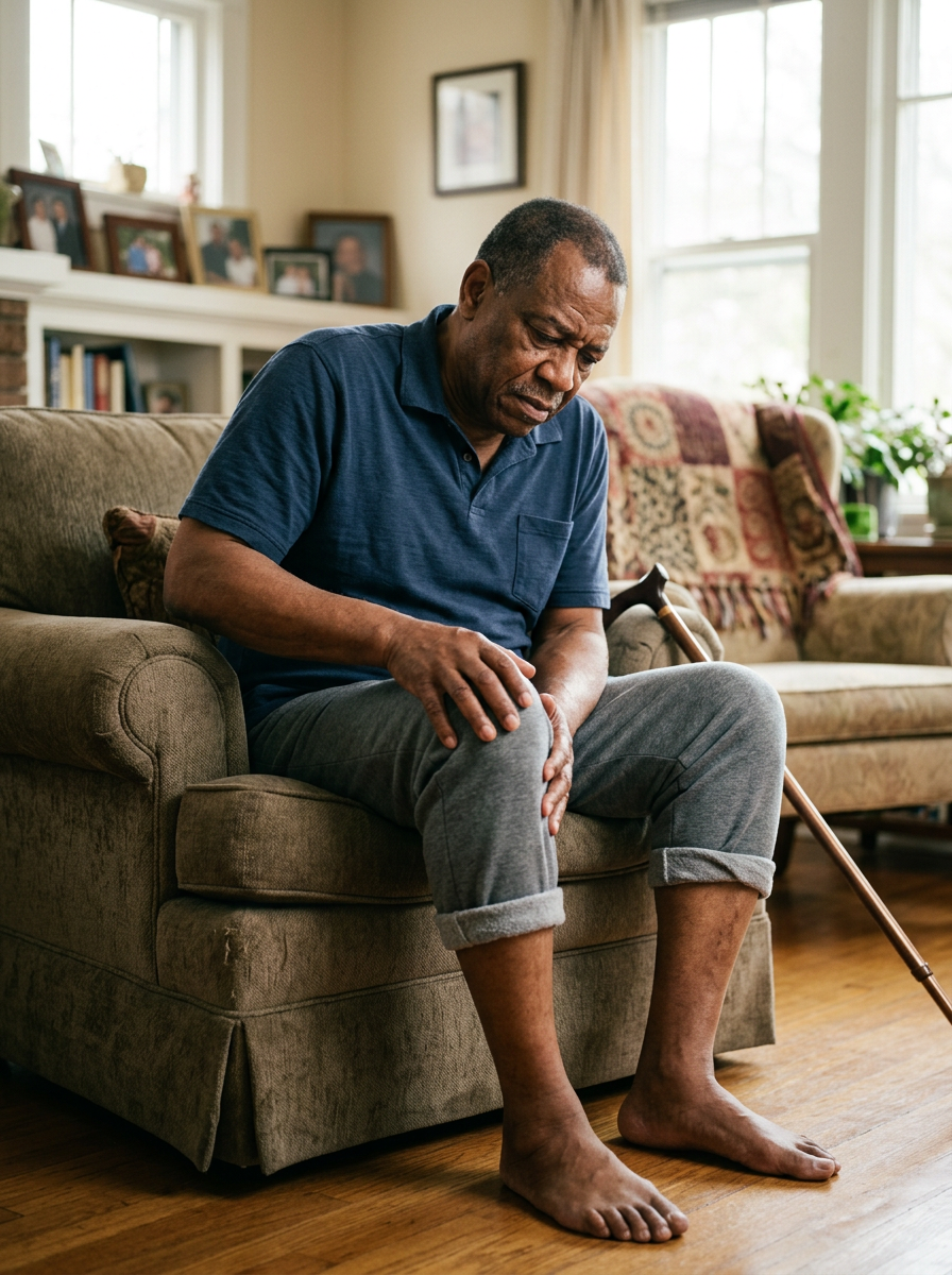 Older Black male veteran in his 60s seated holding his knee with a cane nearby, showing the knee and hip impact of chronic flatfoot