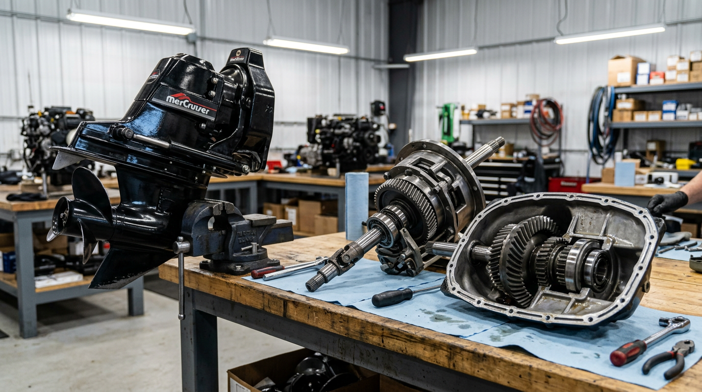 Complete MerCruiser Bravo sterndrive assembly beside separated upper and lower gearcase units on a workbench in a marine repair shop
