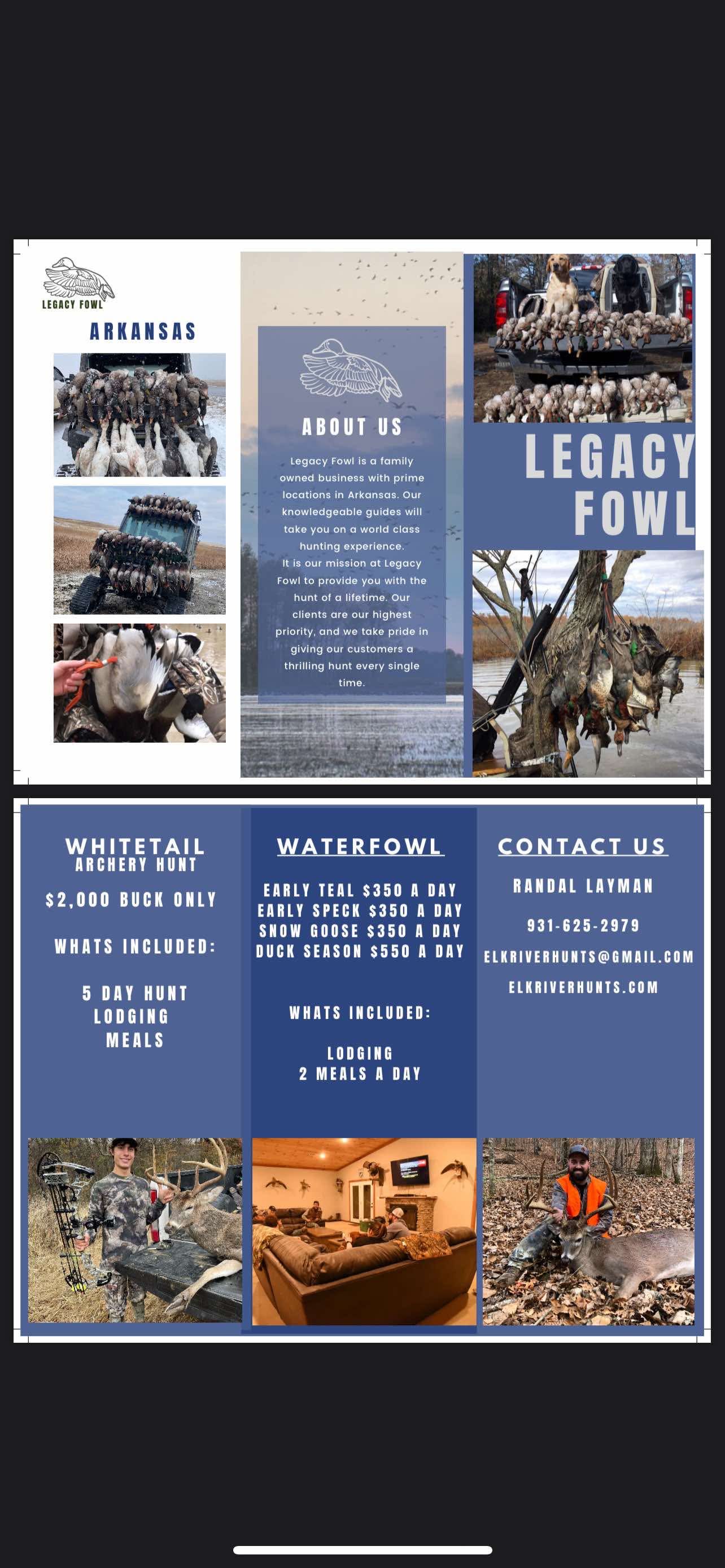 Legacy Fowl Arkansas waterfowl and deer hunting flyer