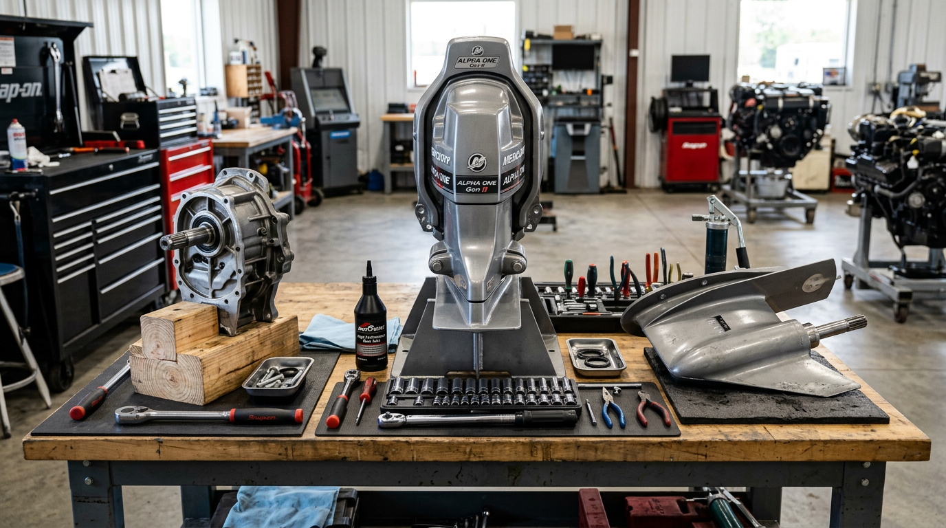 Complete Alpha One Gen II sterndrive alongside a separate upper unit gearcase and lower unit gearcase on a marine workshop bench