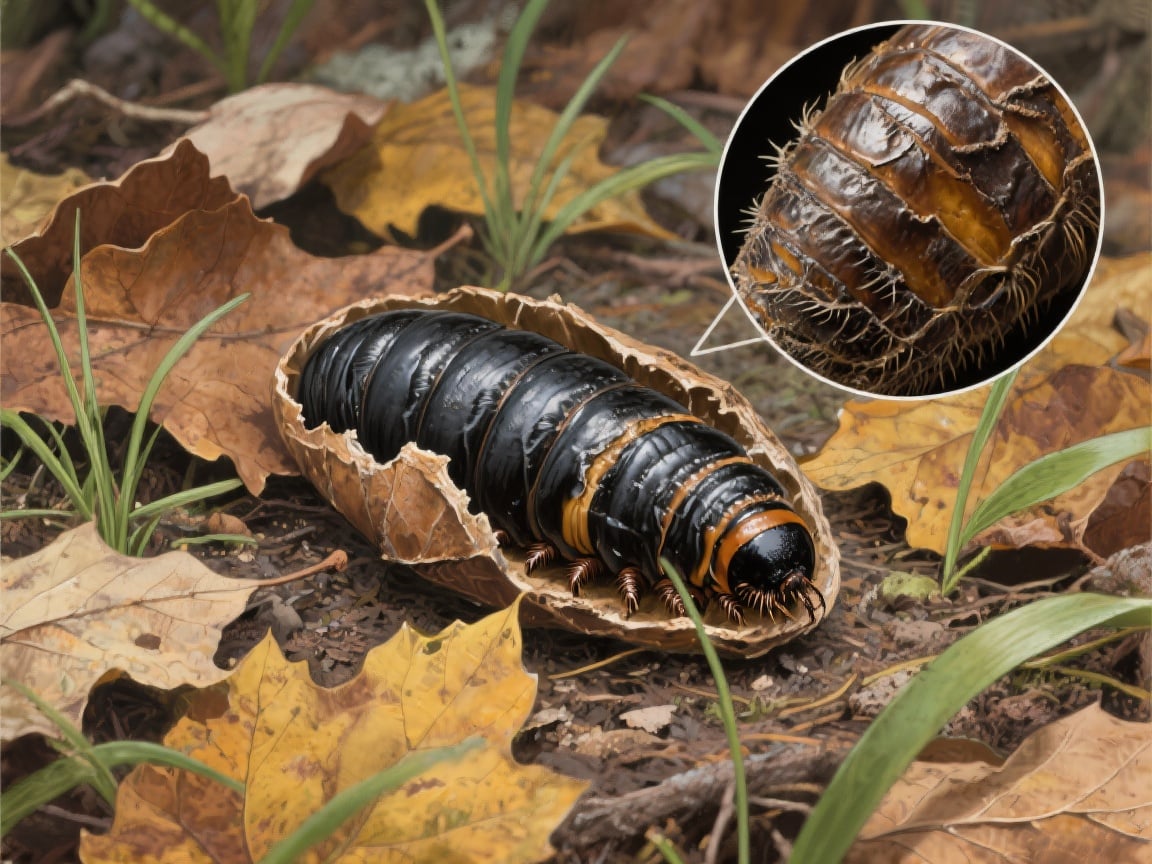 Illustrasjon av hjortelusflue-larve som forpupper seg på bakken, omgitt av løv og gress, med nærbilde av puppe