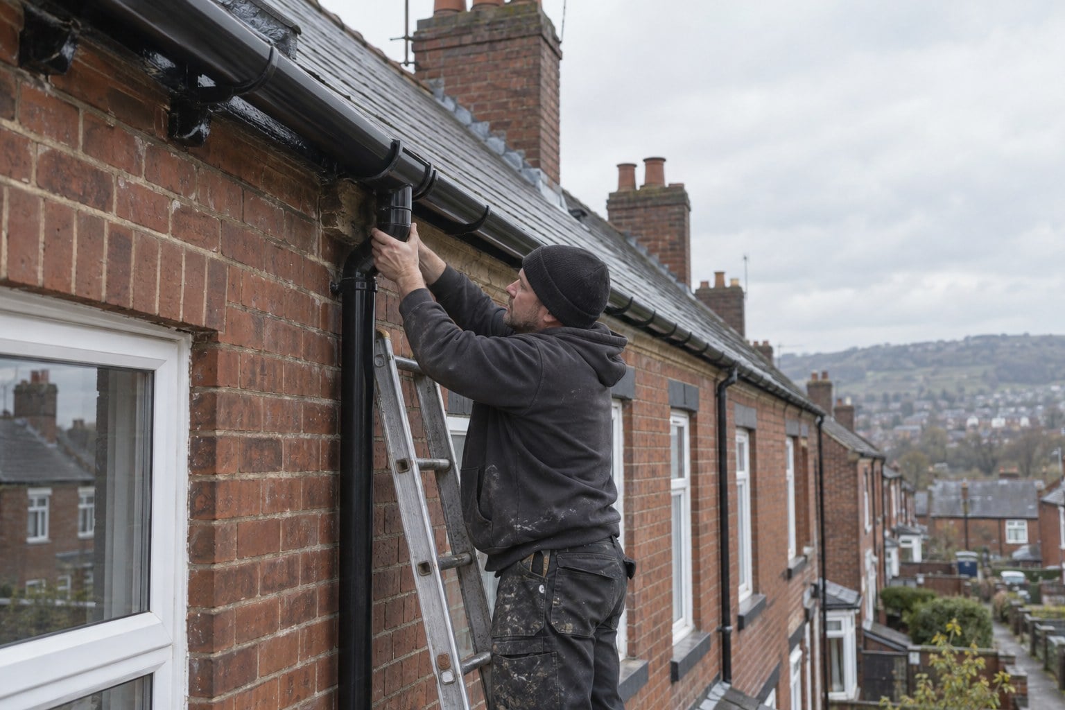 Roofer on a ladder repairing guttering on a terraced house