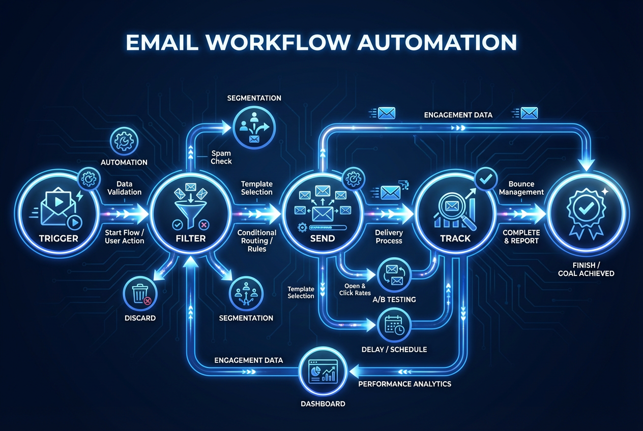 Email workflow automation visualization with interconnected communication nodes