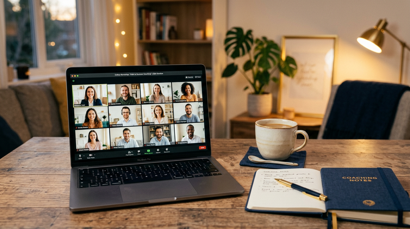 Premium online workshop setting with laptop showing virtual meeting