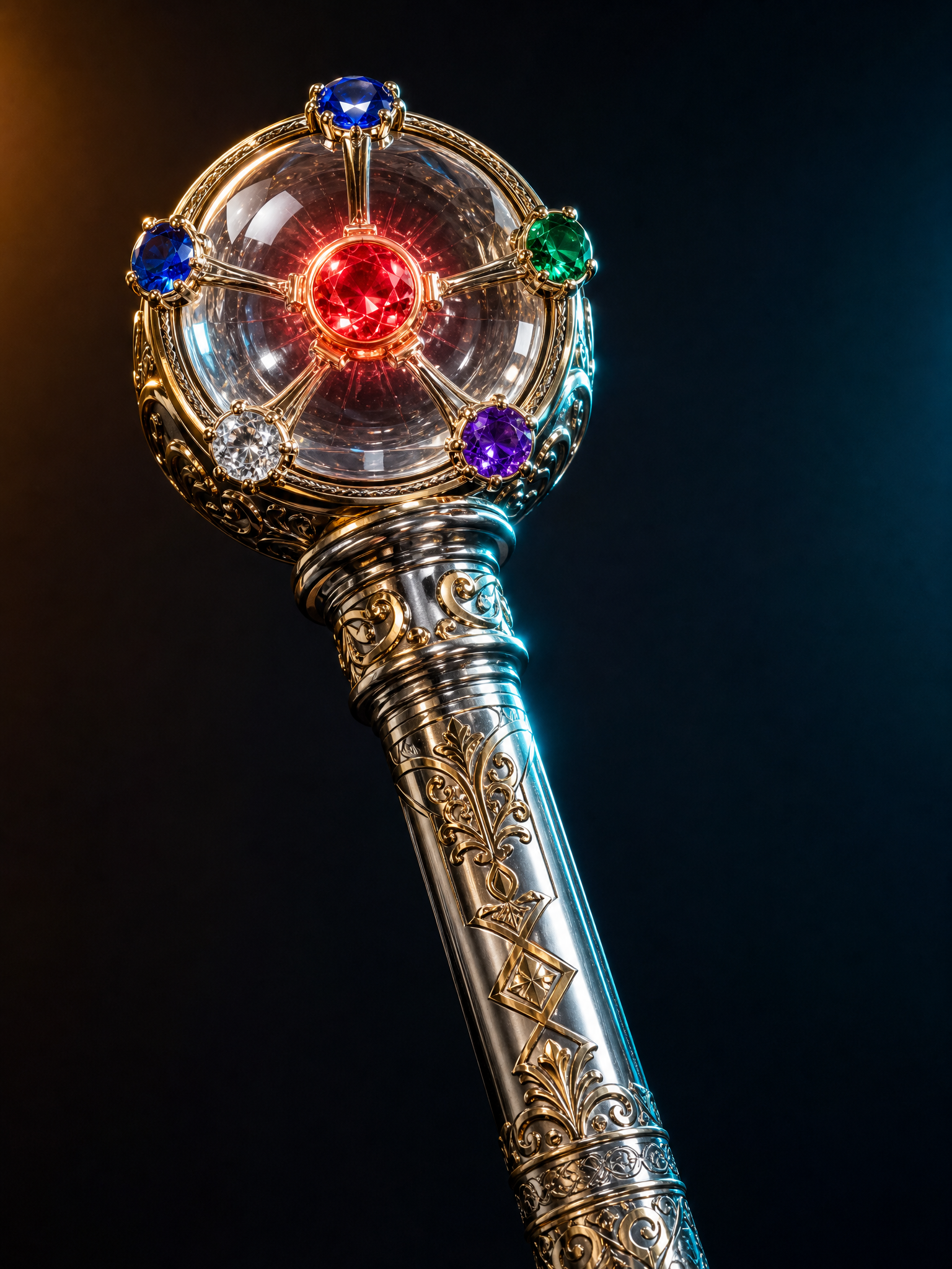 Sceptre SeaSar en acier et or, pommeau en sphère de quartz serti de gemmes colorées et rubis rouge central