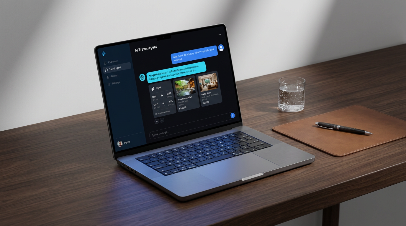HolloStorm AI Travel Agent chat interface on laptop showing a live booking conversation