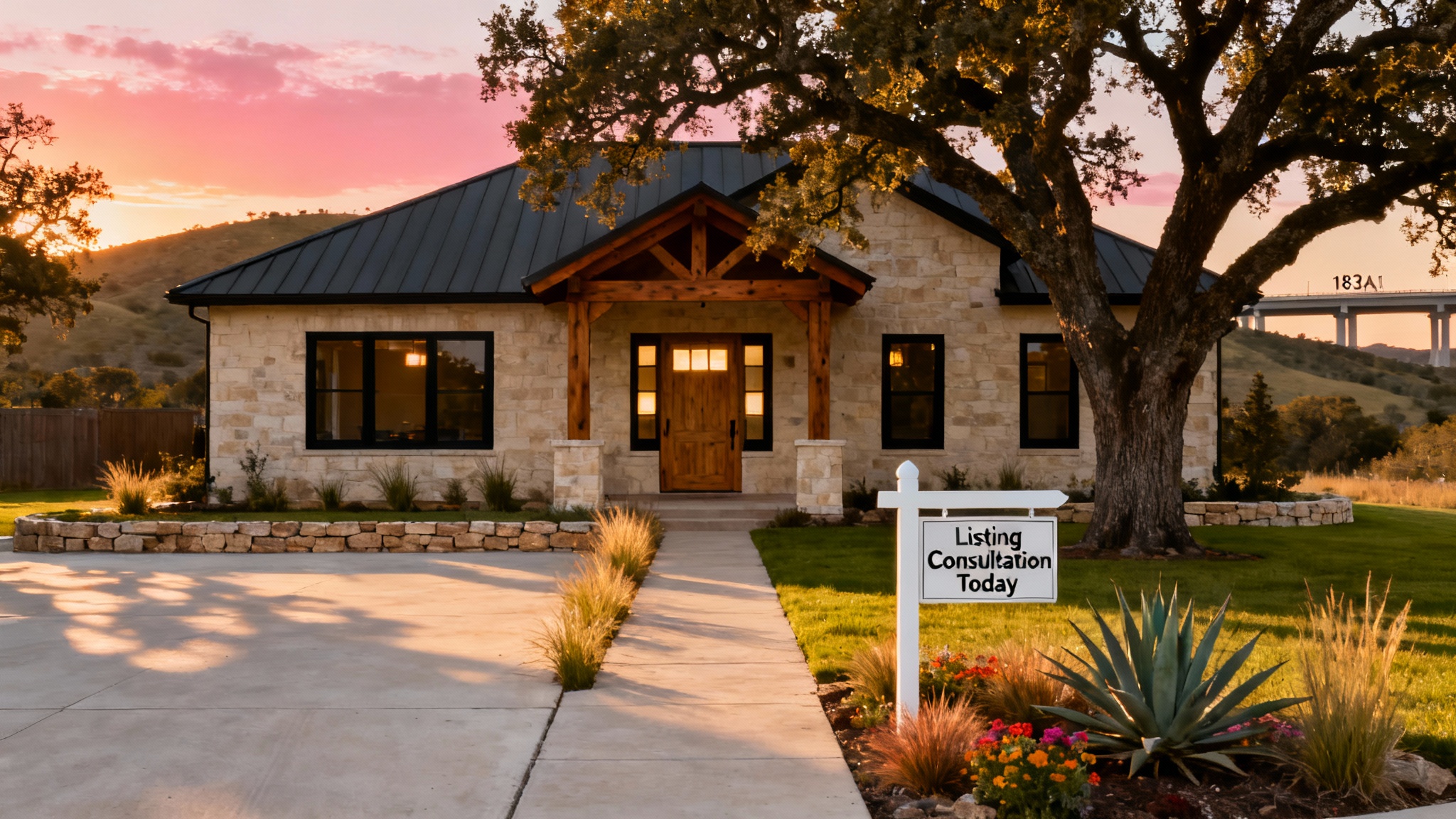 Leander TX home exterior at golden hour with Texas Hill Country limestone and oak trees