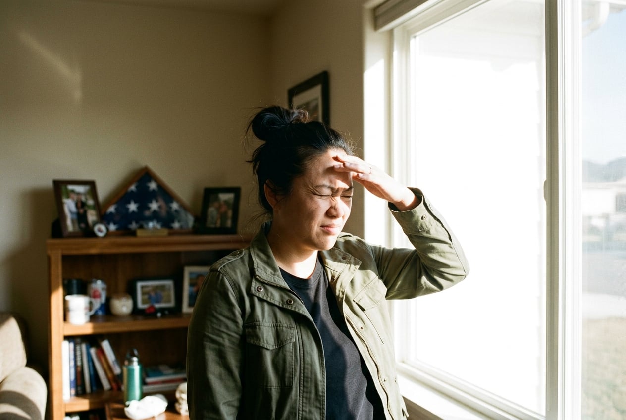 A woman veteran shielding her eyes from bright light during a migraine