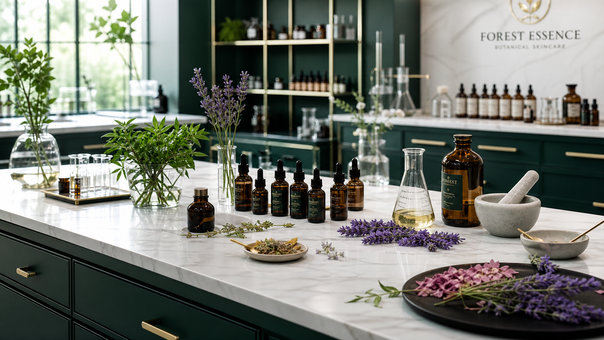 Premium natural cosmetics laboratory with botanical ingredients
