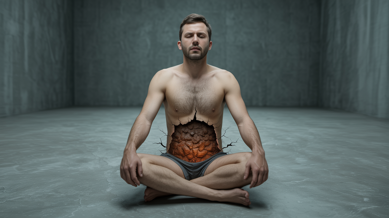 Muškarac sedi ukočeno na betonu sa tamnom zagasitom braon-narandžastom energijom blokirane čakre