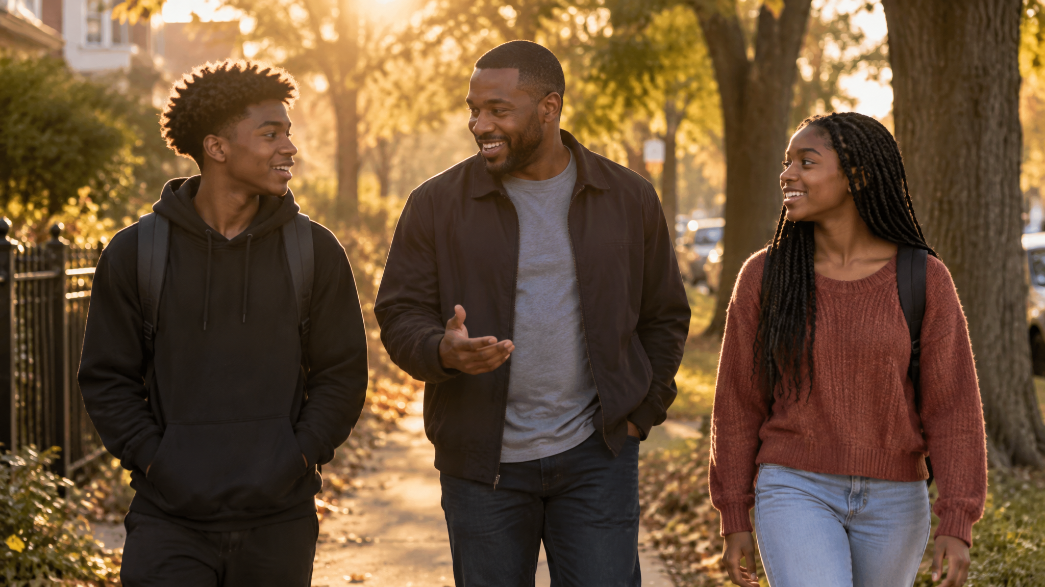 African American mentor walking and talking with two teenagers on a tree-lined path at golden hour