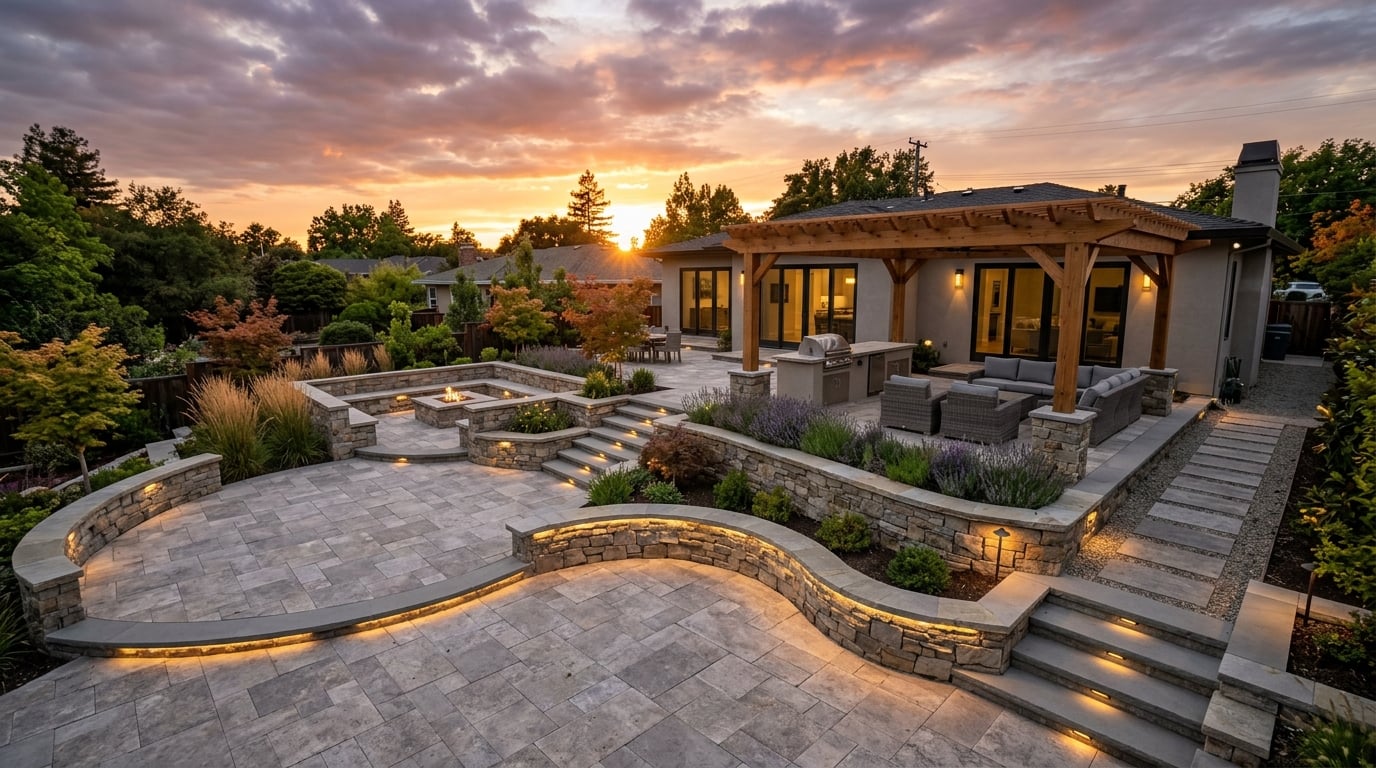 Beautiful finished concrete patio and hardscape at golden hour