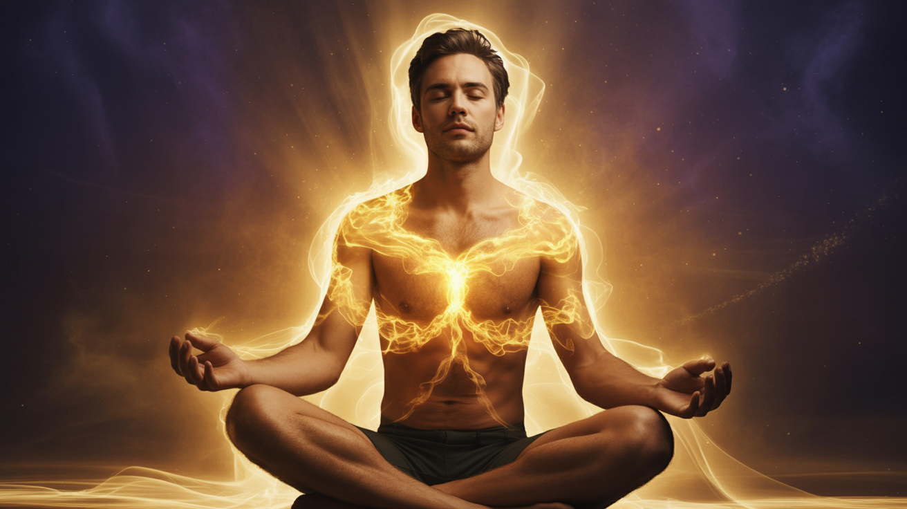 Muškarac okružen zlatnom aurom energije tokom meditacije, simbolizuje zadržavanje semena i transmutaciju seksualne energije. Zadržavanje semena i duhovna energija kroz meditaciju i transmutaciju energije
