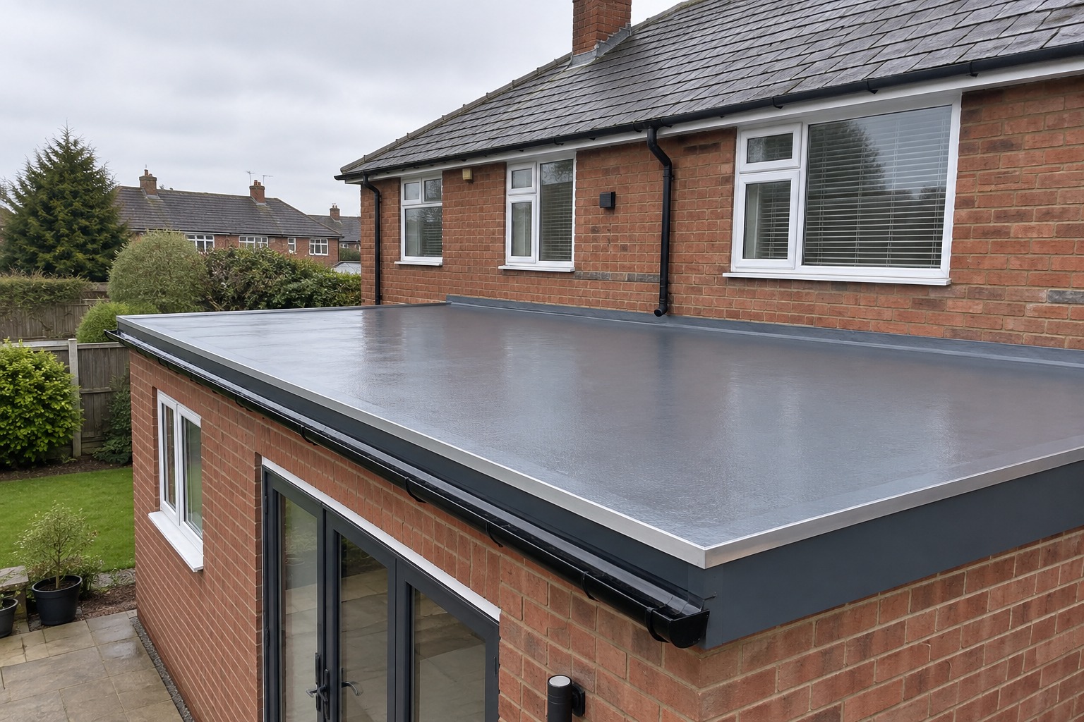 Single-storey brick extension with a new rubber flat roof