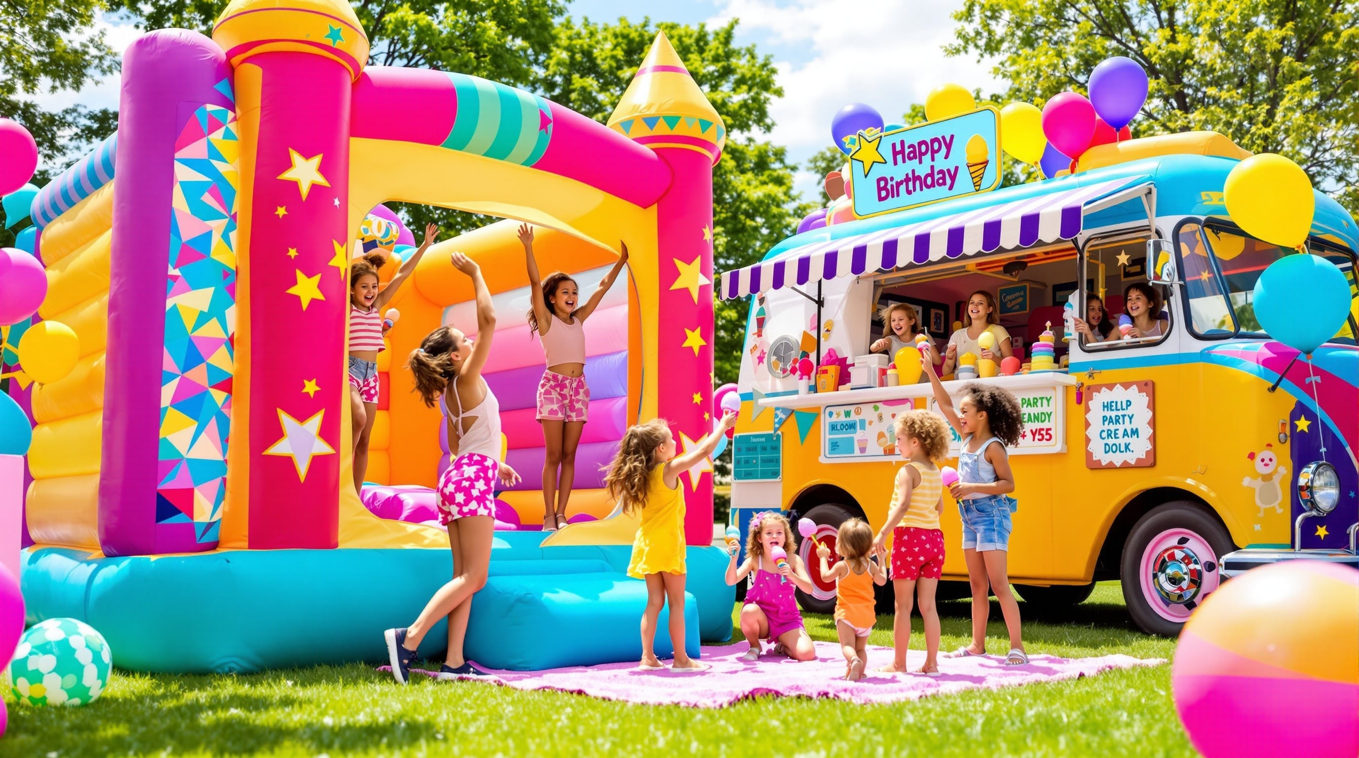 Fun outdoor party with kids enjoying bounce houses and ice cream at a Chill Zone event