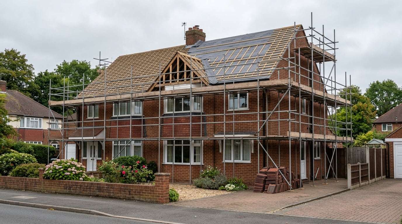 Scaffolding erected for a re-roofing project