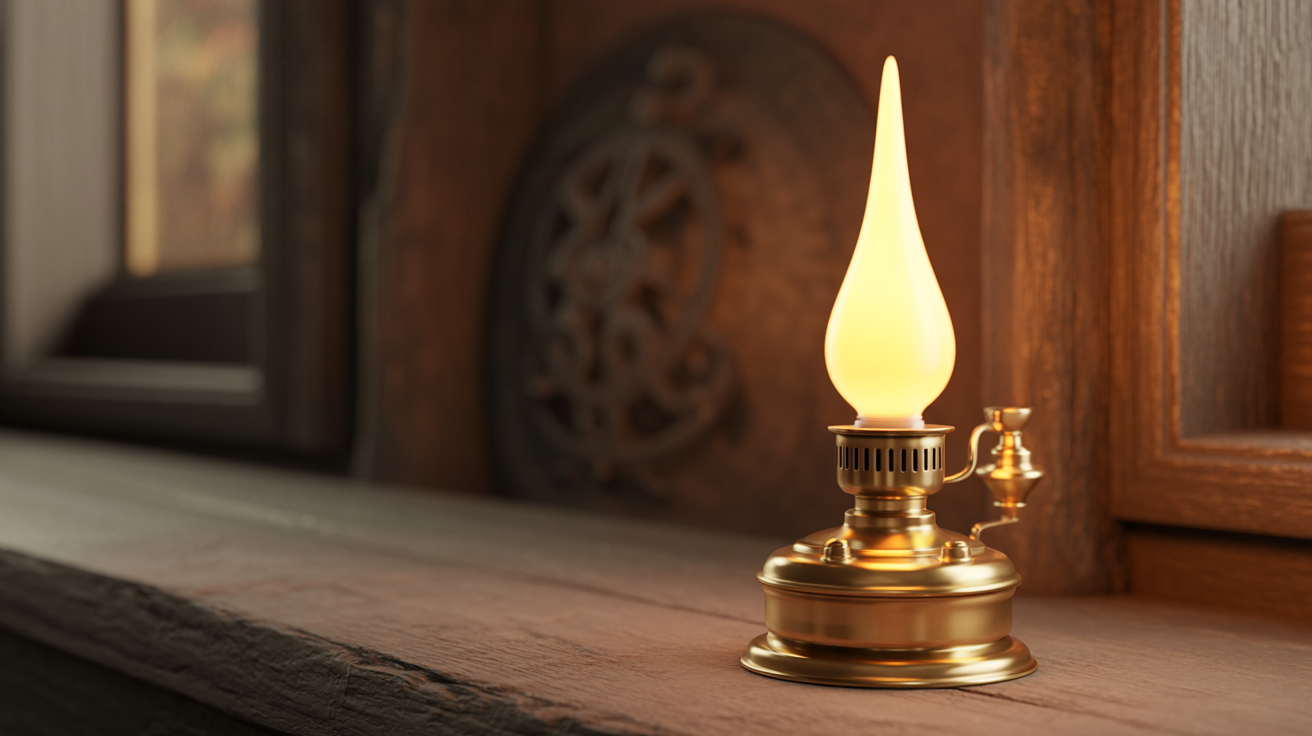 Antique brass oil lamp glowing warmly on a weathered wooden surface