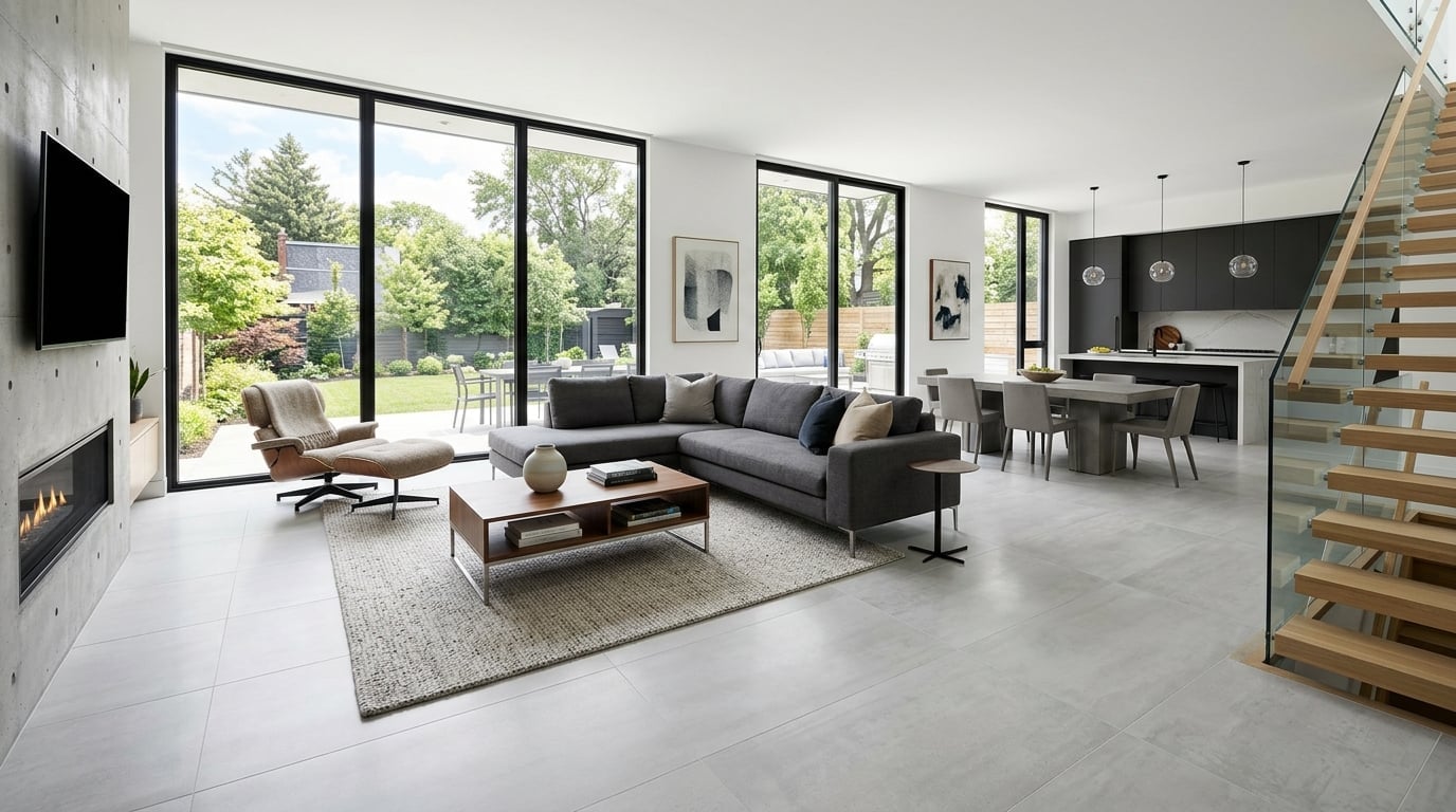 Modern large format tile flooring in open-concept living room