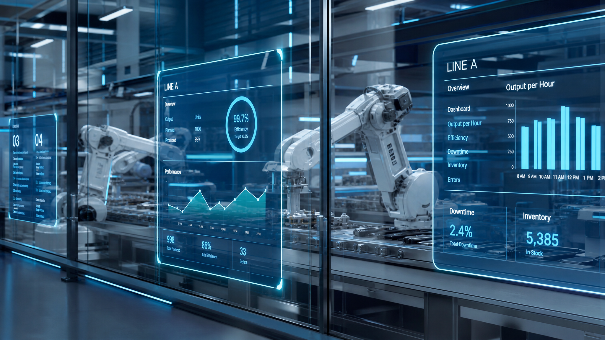 Smart factory with transparent HMI display panels showing production data