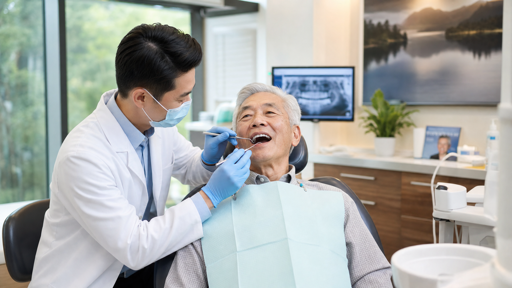 A senior Asian American male veteran relaxed in a dental chair during a friendly checkup with a dentist