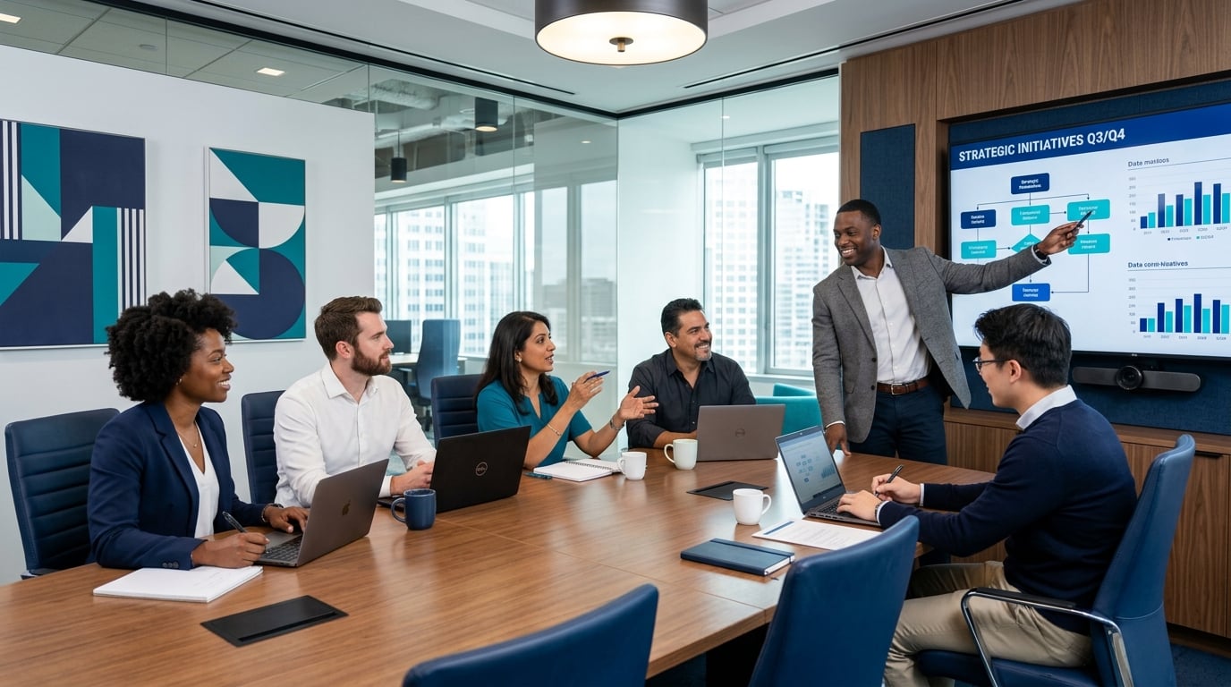 Equip de NiM Consultors en una reunió estratègica discutint objectius empresarials