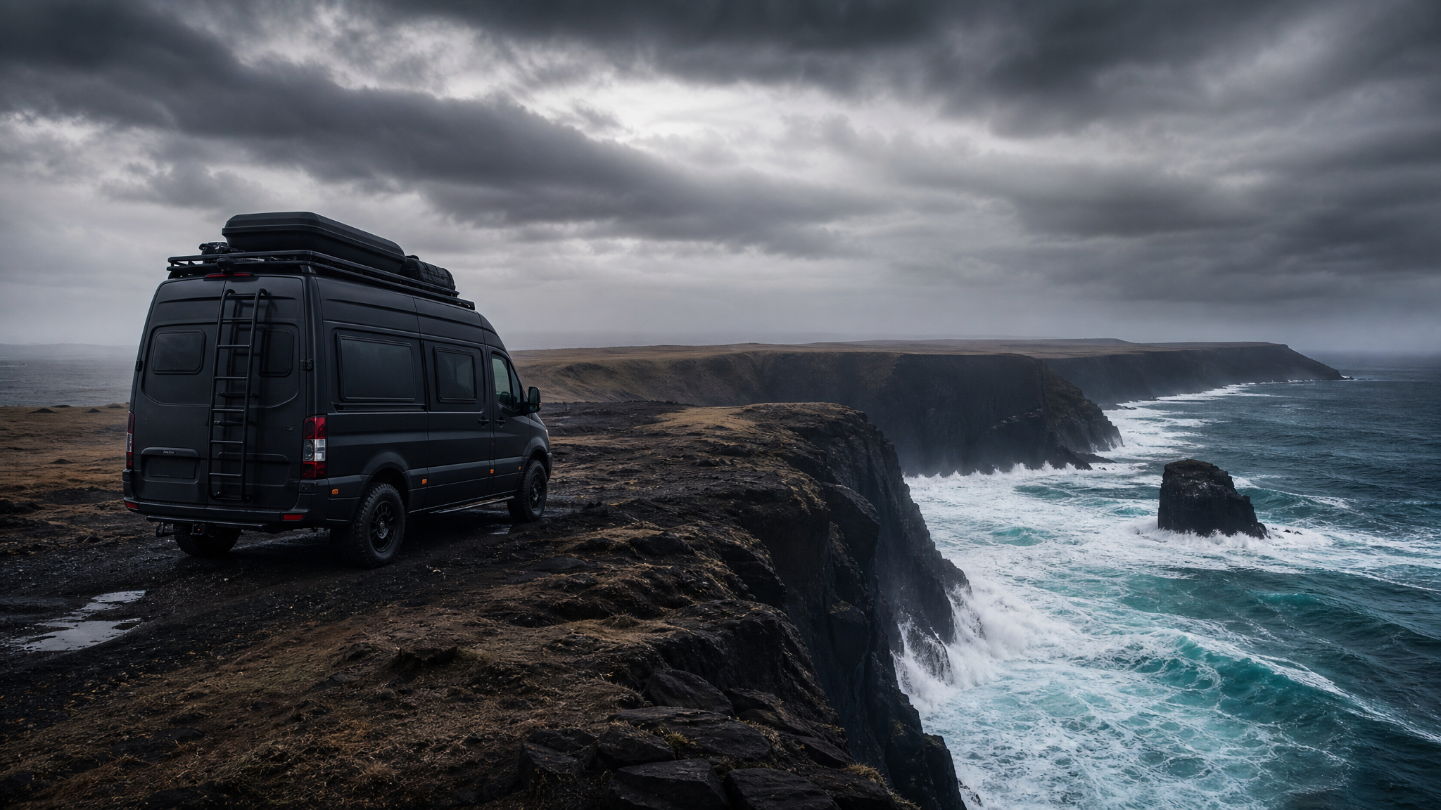 Black van at rugged coastal cliff